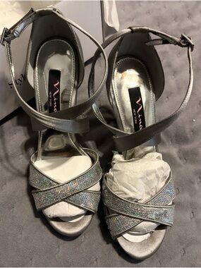 Nina Silver Sparkle Crisscross Ankle-Strap Heels